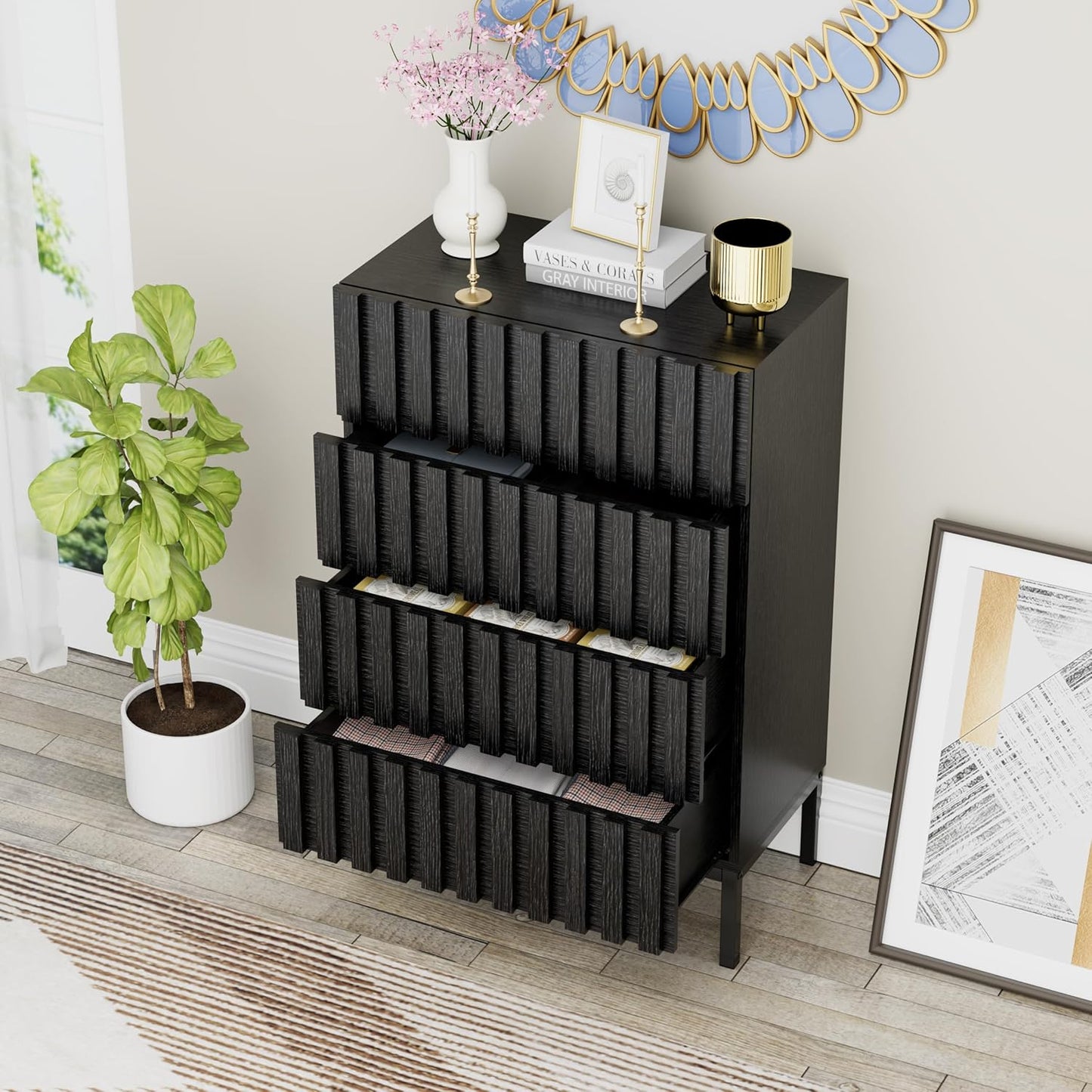 Ladekast – Smalle Ladekast – Opbergkast – Dressoir – Kast Met Lades – 4 Ruime Lades – MDF Metalen Poten – 60x34,5x92 cm – Zwart – Kras- En Vochtbestendig