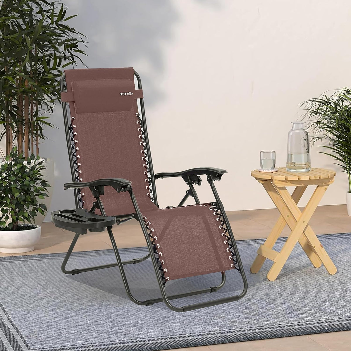Serenelife Ligstoel, Set van 2 Ligstoelen - Verstelbare Tuinligstoelen met Zijtafel, Bekerhouders, Afneembare Kussens - Opvouwbare en Draagbare Loungestoelen voor Terras, Tuin, Strand