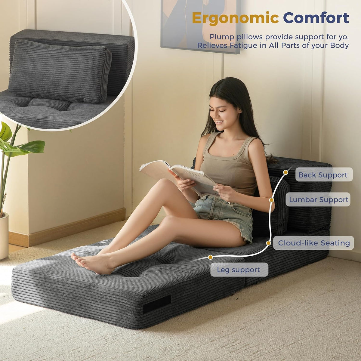 MAXYOYO Opvouwbare schuim slaapbank, drievoudig opvouwbaar matras met 1 kussen, omvormbare slaapbank, futonbed met 15 cm dun schuim, draagbare 3-in-1 vloerbank