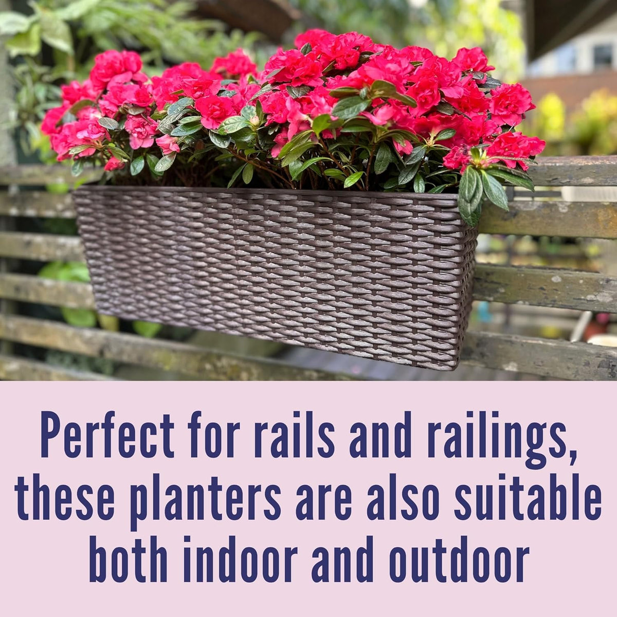 LaLaGreen Outdoor Rail Planter for Balcony (2 Pieces, 50 cm) Large Black Self-Watering Railing Planters with Brackets, Rectangular Plastic Window Flower Box Fence Designer Choice with Rattan Pattern - QUORE