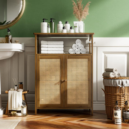 Badkamer Vloerstandaard Kast, Bamboe Opberg Organizer Tafel met 2 Rotan Deuren en 1 Plank, Houten Bijzetkast voor Hal, Wasserij, Keuken, Woonkamer (Walnoot)