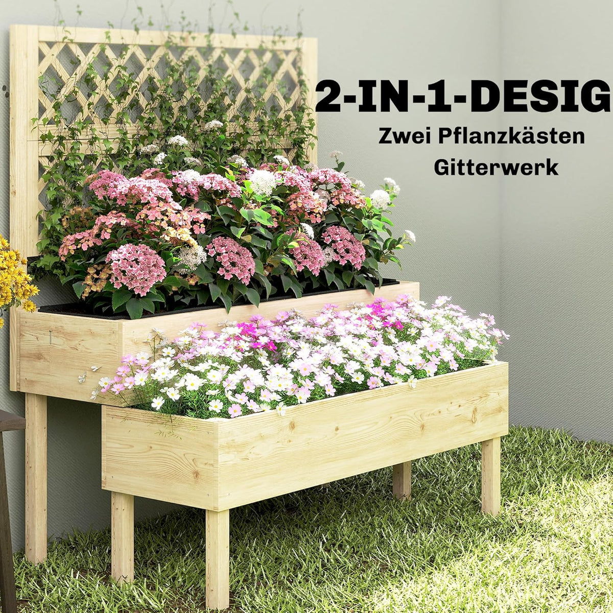 Outsunny Raised Planter with Trellis, 2-Step Flower Box with 2 Planters, Felt Fabric, Wooden Planter for Climbing Planters, Garden 108 x 62 x 120 cm