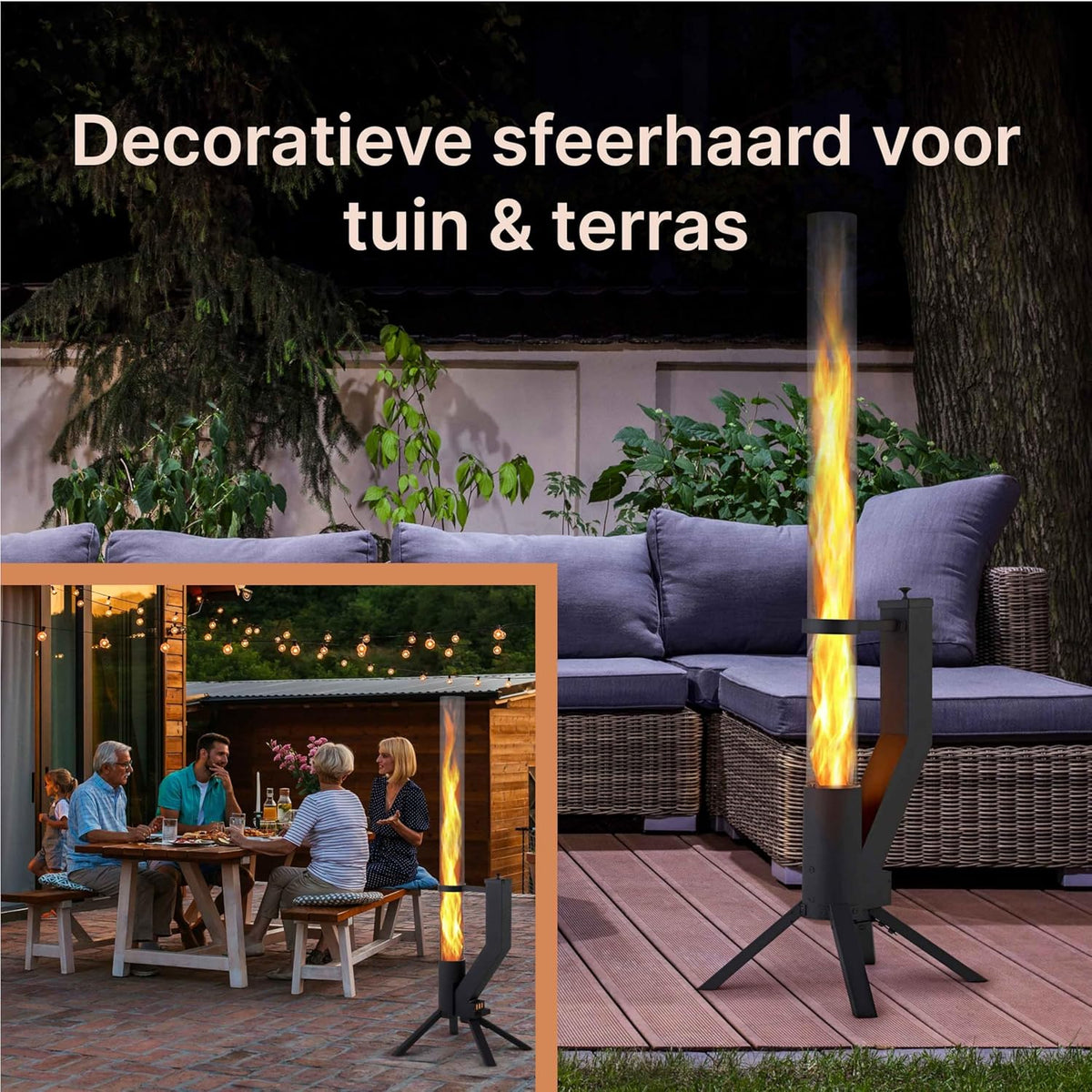 Vuurbuis, roestvrijstalen vuurzuil en pelletfakkel voor een geweldig sfeervuur, elegante terrasverwarmer en tuinhaard, alternatief voor je terras en tuin (zwart gepoedercoat)