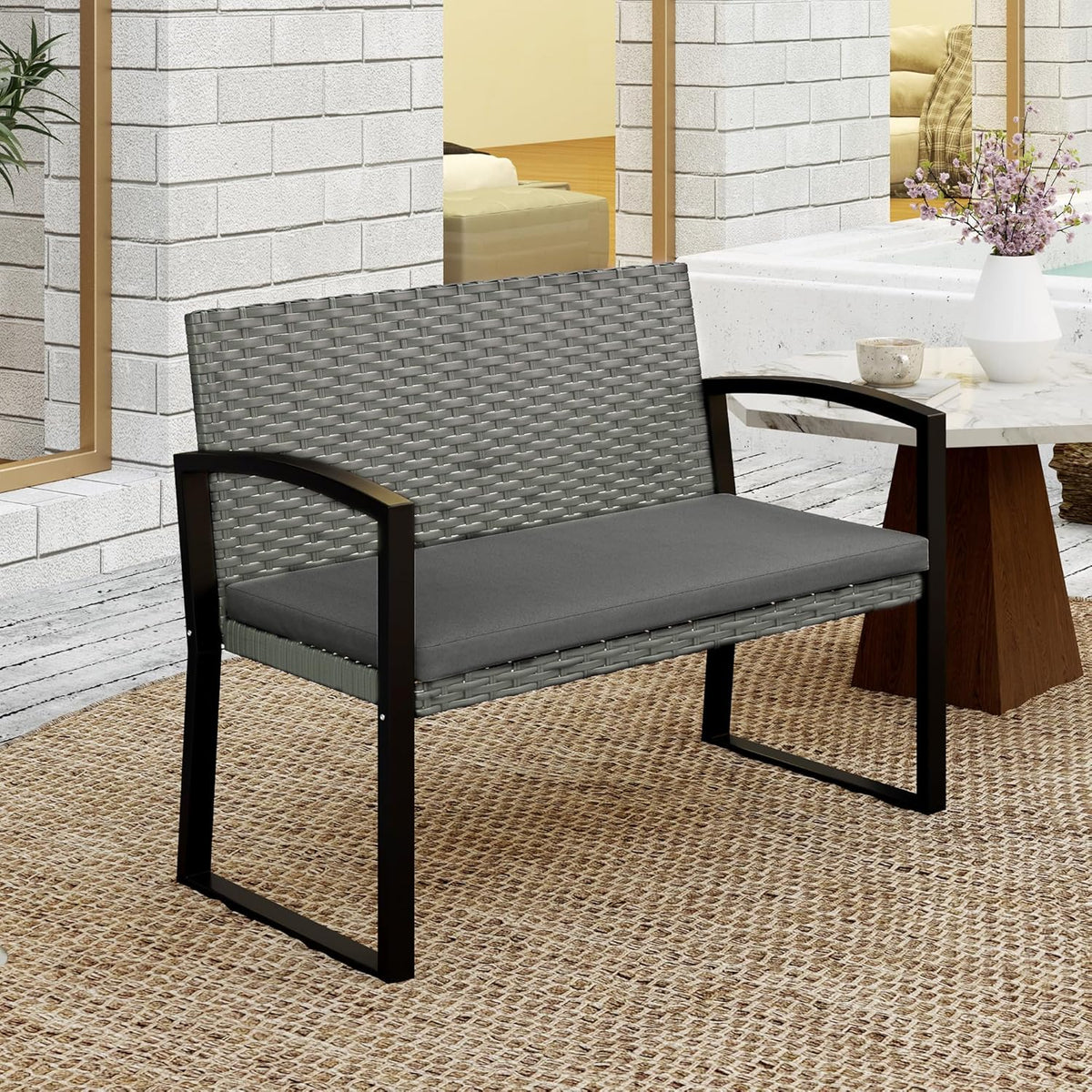 Outsunny Rattan Garden Bench 2 Seater Garden Bench with Cushion, Wicker Garden Bench with Armrests, Galvanized Steel Frame for Patio, Park, Dark Grey - QUORE