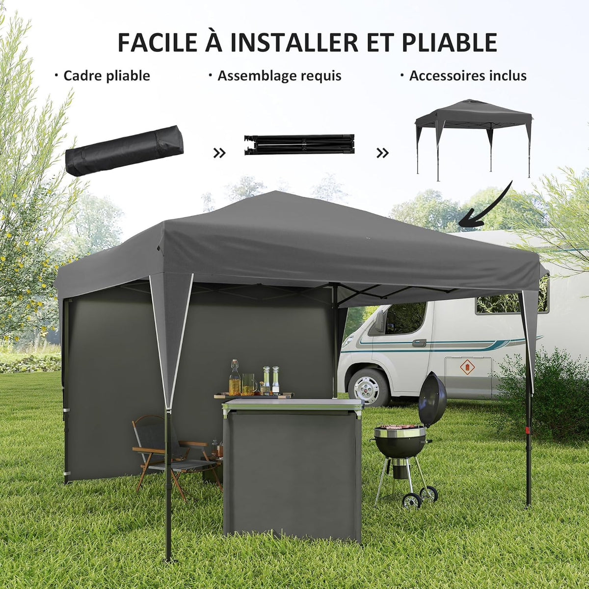 Outsunny Barnum Pop-up Garden Gazebo Foldable with Removable Side Wall + Carry Bag, Steel, Oxford Fabric, 3 x 3 x 2.65 m, Grey