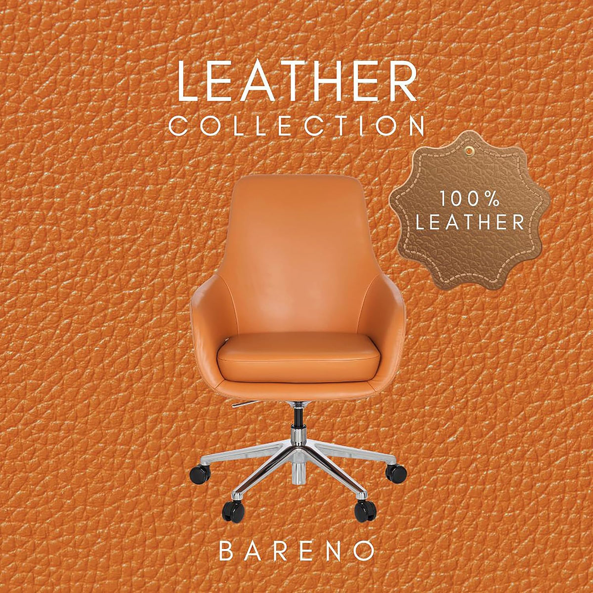 hjh OFFICE Bareno 600981 loungestoel, echt leer, oranje, hoogwaardige draaistoel, comfortabel gevoerd