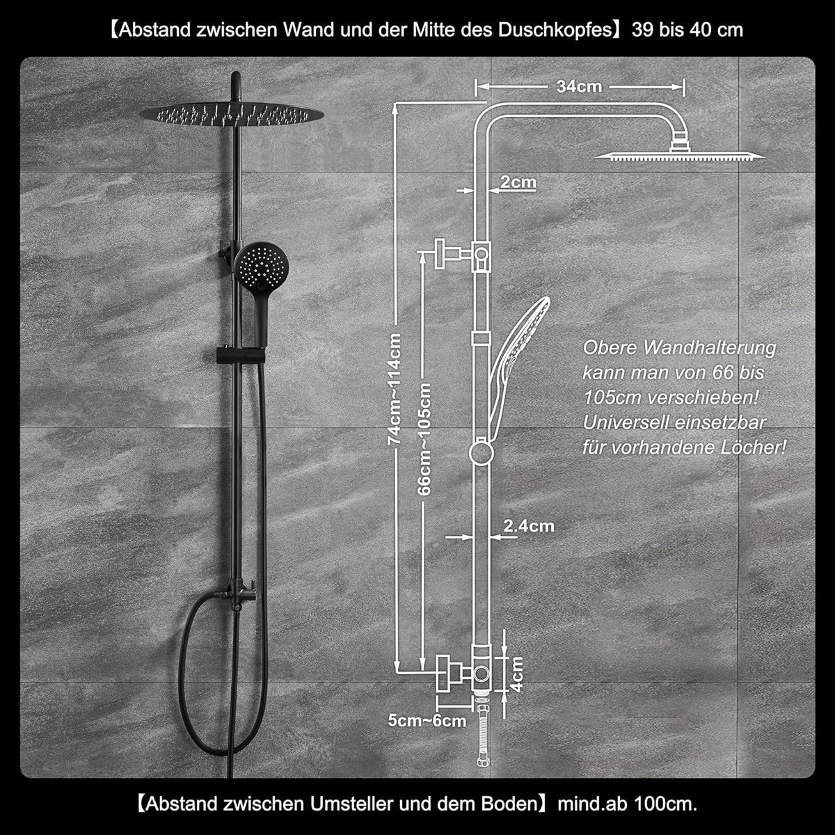 Doucheset – Douchesysteem – Douchezuil – Regendouche – Douchekop – Zwarte Regendouchekop 25 cm – Verstelbare Douchestang 74-114 cm
