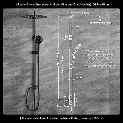 Doucheset – Douchesysteem – Douchezuil – Regendouche – Douchekop – Zwarte Regendouchekop 25 cm – Verstelbare Douchestang 74-114 cm
