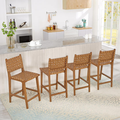 Ball & Cast PU lederen geweven tegenkruk, houten frame keuken eiland barkruk met voetsteun, rugleuning geweven kruk-stoel voor dineren, bruin