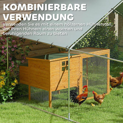 PawHut Chicken Coop 10.2 m² 3 x 3.4 x 1.90 m with UV-resistant waterproof cloth, security lock, door, chicken coop for 10-15 chickens, silver, steel - QUORE