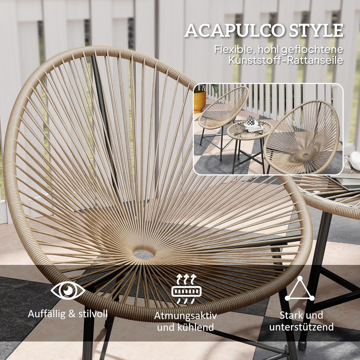Outsunny Polyrattan Gartenmöbel Set, Outdoor Lounge Balcony for 2 Persons, 3-teilig Sitzgruppe mit 2 Stühle, Tisch, wetterfest Gartenlounge für Garten, Terrasse Balcony, Naturholz - QUORE
