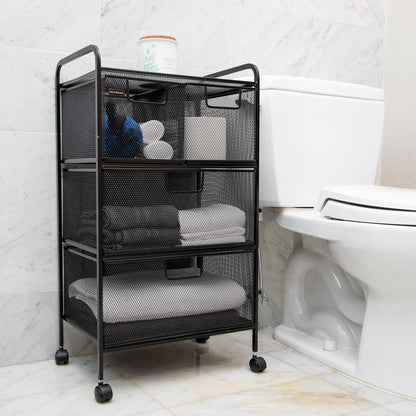 Mind Reader Winkelwagen met laden, Wasserij Organizer, Utility Cart, Badkamer, Keuken, Metalen Mesh, 16 "L x 11" B x 29" H, Zwart