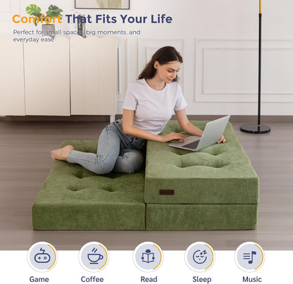 MAXYOYO Opvouwbare Matras Eenpersoons, 15 cm Comfortabele Opvouwbare Matras Met Chenille-Stof, Driekwijd Vloer Futon Bank Bed Voor Gast, Vouwmatras Topper Voor Camping, Lichtgroen, Dubbel