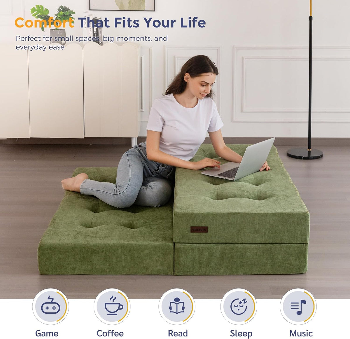 MAXYOYO Opvouwbare Matras Eenpersoons, 15 cm Comfortabele Opvouwbare Matras Met Chenille-Stof, Driekwijd Vloer Futon Bank Bed Voor Gast, Vouwmatras Topper Voor Camping, Lichtgroen, Enkel