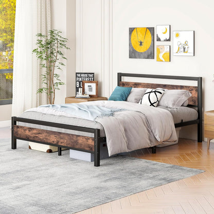 Bedframe 160x200 van metaal en hout, metalen bed met lattenbodem, logeerbed, tienerbed, tweepersoonsbed 160x200 cm met hoofdeinde, metaal bed, bruin en zwart