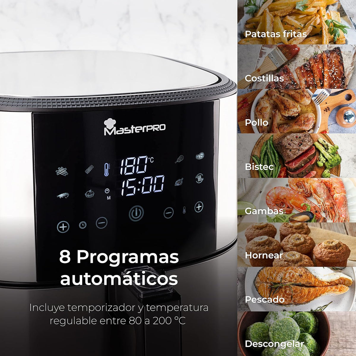 MasterPro Foodies XXL Friteuse Kit zonder olie, 6 l, 1800 W, samen met oliesproeispray, led-display en anti-aanbakmand, luchtfriteuse, 8 verschillende functies in 1