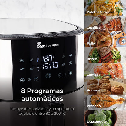 MasterPro Foodies XXL Friteuse Kit zonder olie, 6 l, 1800 W, samen met oliesproeispray, led-display en anti-aanbakmand, luchtfriteuse, 8 verschillende functies in 1