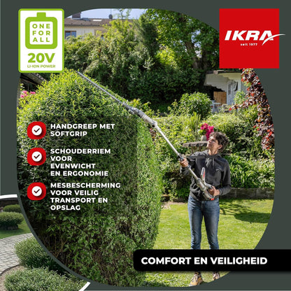 IKRA 2in1 heggenschaar zonder kabel ICPH 2050 met telescoopsteel voor hoge heggen, incl. 20V accu, laadstation & schouderriem