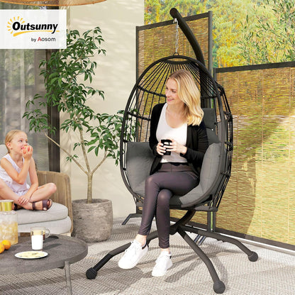 Outsunny Eshaped Outdoor Hanging Chair Folding Hanging Swing with Cup Holder, Removable Washable Seat Frame Hammock for 1 Person Swing Chair for Patio Garden Black - QUORE