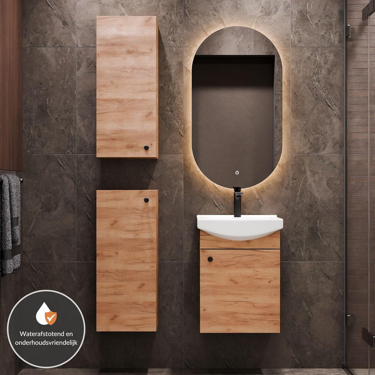 Planetmöbel bathroom cabinet set Washbasin with vanity unit 45 x 60 x 33 cm, mirror with lighting 50 x 90 cm, 2X midi cabinets for bathroom & guest toilet, gold oak - QUORE