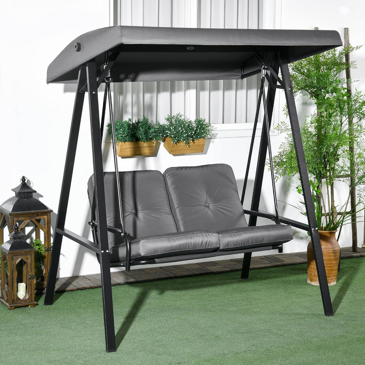 Tuinschommel 2-Persoons – Schommelbank – Tuinbank – Buitenbank – Zitschommel – Verstelbare Zonneluifel – Gepoedercoat Stalen Frame – Comfortabele Dikke Kussens – Donkergrijs