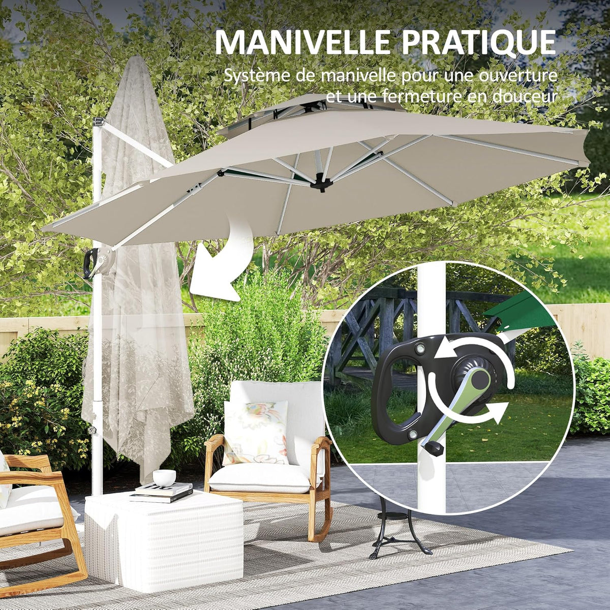 Outsunny Round Floating Parasol, 3 x 2.5 m, Outdoor Garden Parasol with Crank, Cross Base, Tilting and 360° Rotatable, Double Roof, UV Protection UPF0+, Grey, Light Grey