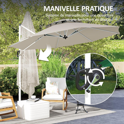 Outsunny Round Floating Parasol, 3 x 2.5 m, Outdoor Garden Parasol with Crank, Cross Base, Tilting and 360° Rotatable, Double Roof, UV Protection UPF0+, Grey, Light Grey