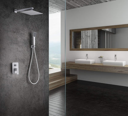 Douche Set – Regendouche – Handdouche – Kraan – Douchekraan – Vierkante Hoofddouche 25x25 cm – Verchroomd Messing – Instelbare Waterdruk 6 Bar