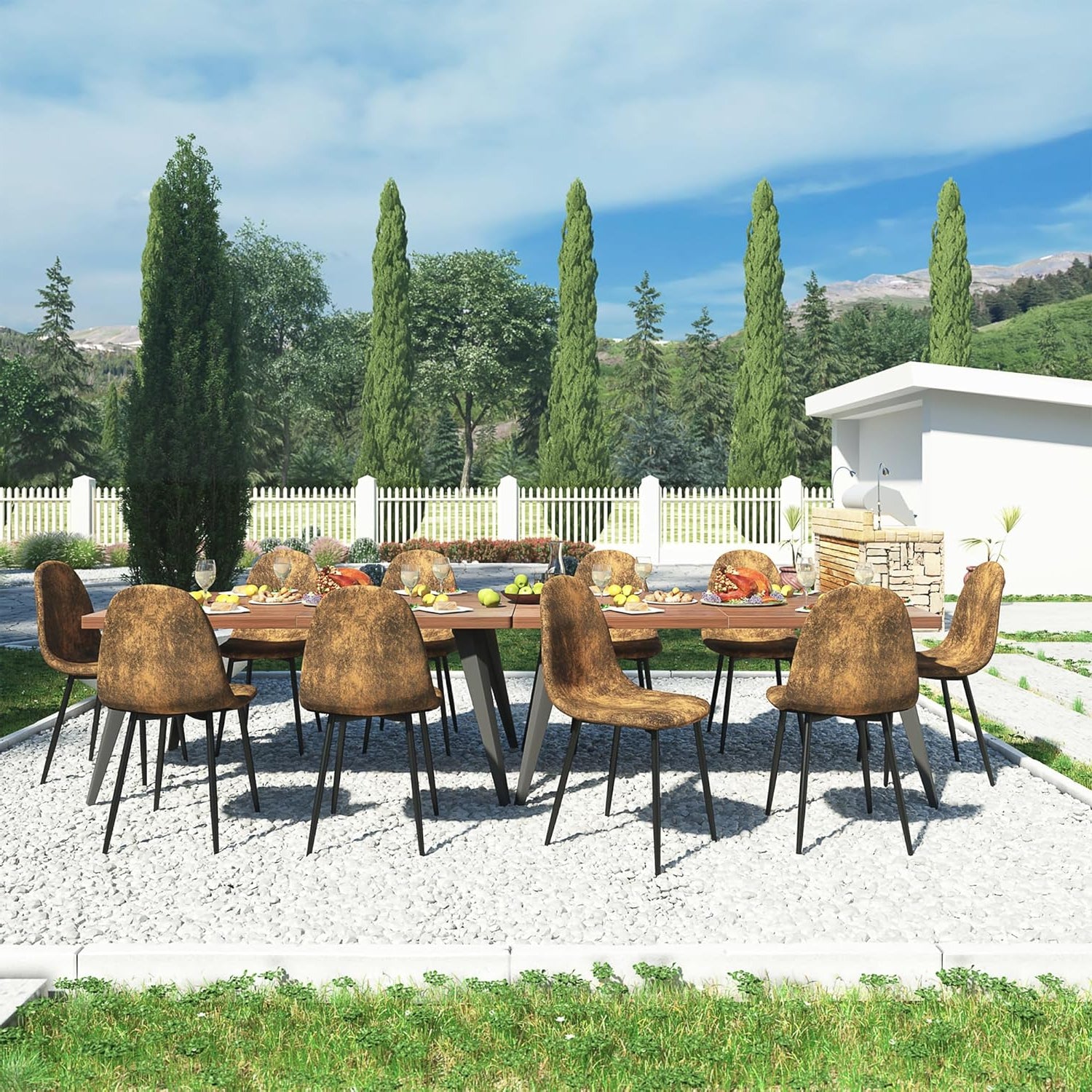 FurnitureR Garden Lounge Chair Set 4 Pieces Brown Velvet Metal Cross Frame Weatherproof Patio Lounge Chair - QUORE