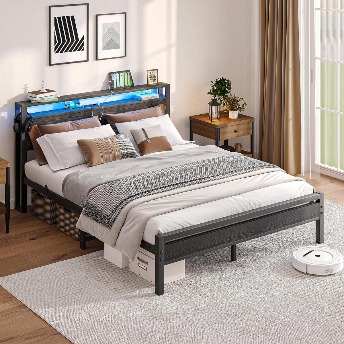 Bedframe met laadstation, led-verlichting, tweepersoonsbed, logeerbed, metalen bed, 160 x 200 cm, bedframe van metaal, jeugdbed met lattenbodem, hoofdeinde in zwart, voor slaapkamer en