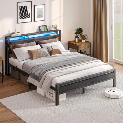 Bedframe met laadstation, led-verlichting, tweepersoonsbed, logeerbed, metalen bed, 160 x 200 cm, bedframe van metaal, jeugdbed met lattenbodem, hoofdeinde in zwart, voor slaapkamer en