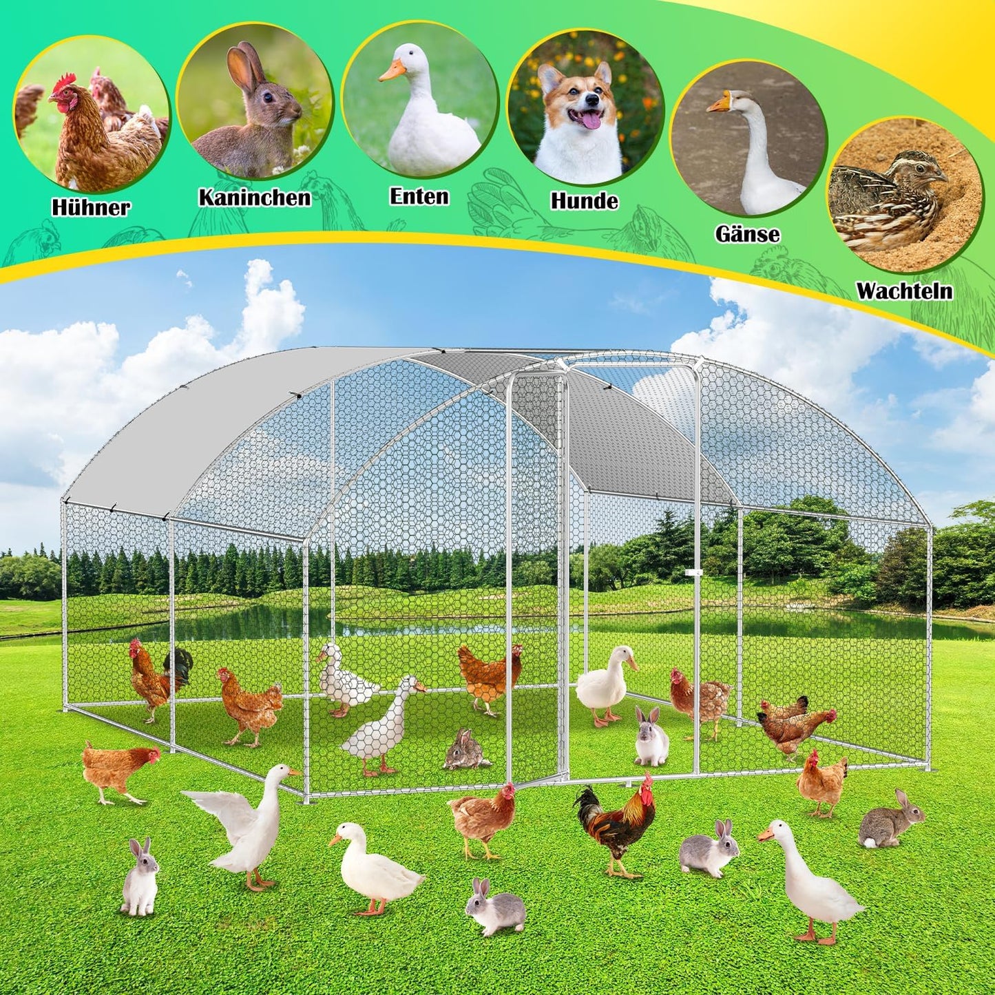 Chicken Coop 3 x 4 x 2 m, Metal Free Wheeling, Small Animal Cage, Aviary with Roof Tarpaulin, Pet Run for Chickens, Poultry, Small Animals, Bow Attachment - QUORE
