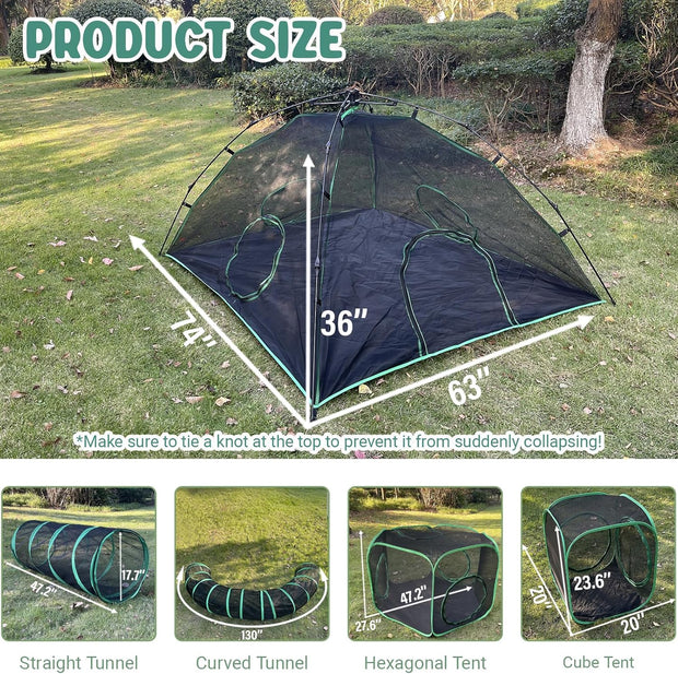 6-in-1 Kattentent - Kattenverblijf - Kattententen - Opvouwbaar - Draagbare Catiotent - met 1 Koepeltent - 3 Tunnelen - 3 Tenten - Buitenkattenbox - voor Katten - Konijnen - Andere Dieren - Polyester - Zwart/Groen