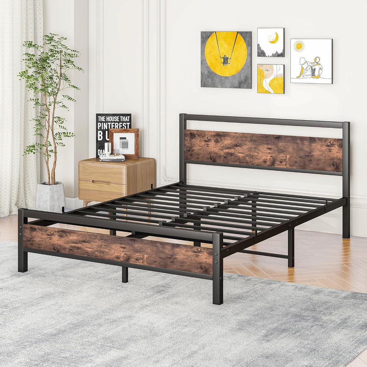Bedframe 160x200 van metaal en hout, metalen bed met lattenbodem, logeerbed, tienerbed, tweepersoonsbed 160x200 cm met hoofdeinde, metaal bed, bruin en zwart