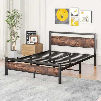 Bedframe 160x200 van metaal en hout, metalen bed met lattenbodem, logeerbed, tienerbed, tweepersoonsbed 160x200 cm met hoofdeinde, metaal bed, bruin en zwart