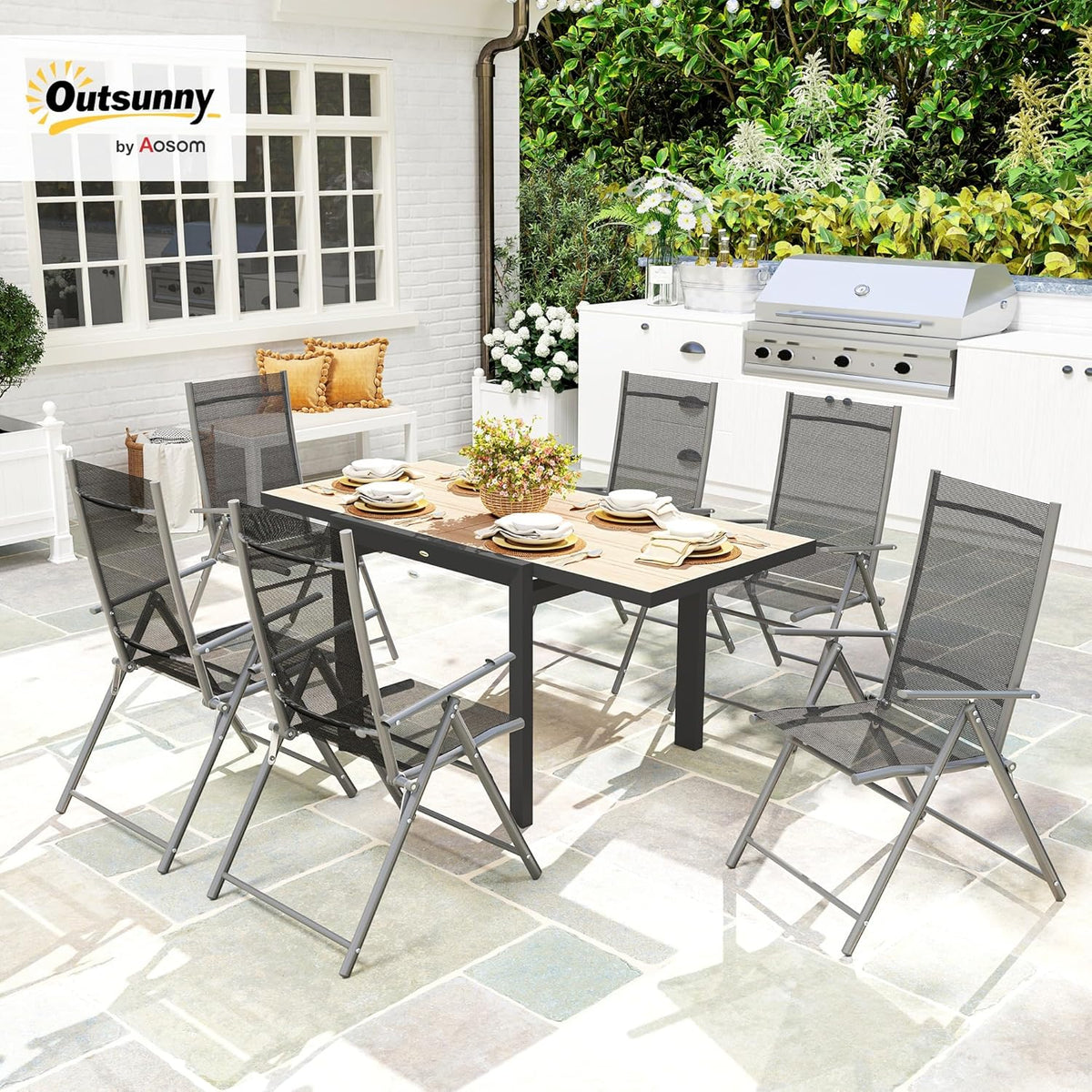 Outsunny Gartentisch Ausziehbarer Aluminium 80/160x80 cm Wetterfest Balcony Rutschfest Buffettisch Camping for 6 Persons Terrassentic Outdoor Esstisch für Garten, Terrasse Balcony Naturholz