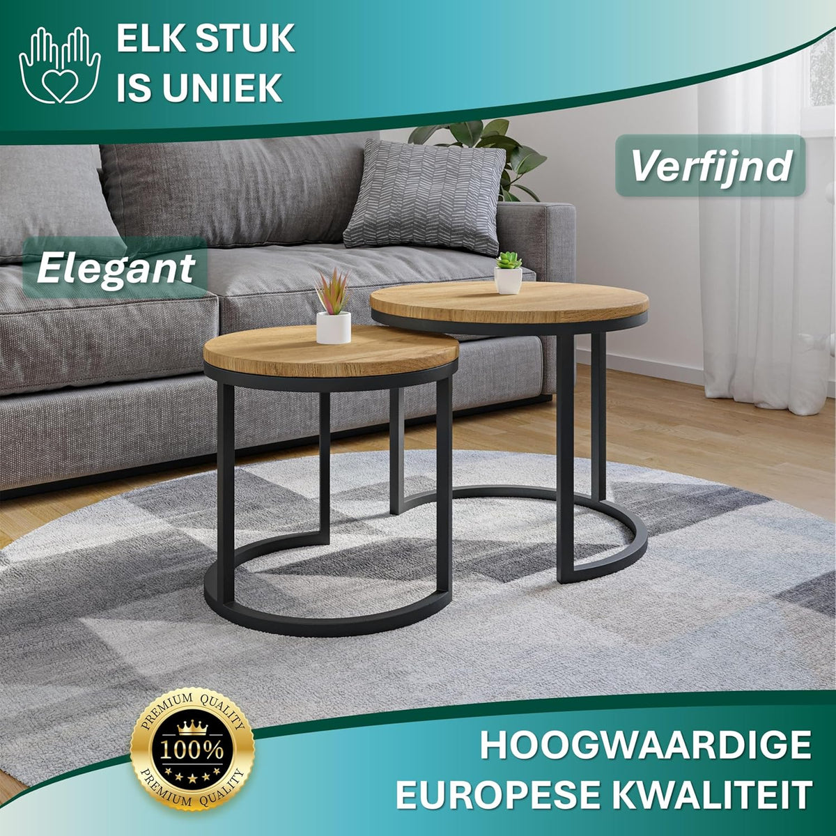 Modena, Set of 2 Coffee Tables, Solid Natural Oak and Steel, Handmade in Europe, Side Table, Coffee Table, Coffee Table, Black, Round, Ø50x43 cm Ø40x38 cm - QUORE