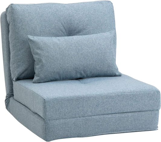 HOMCOM Bodensessel 2-in-1 Klappbett mit verstellbarer Rückenlehne Bodensofa mit Zierkissen, Bodensitzkissen für Wohnzimmer, Schlafzimmer, Leinen, Himmelblau - QUORE