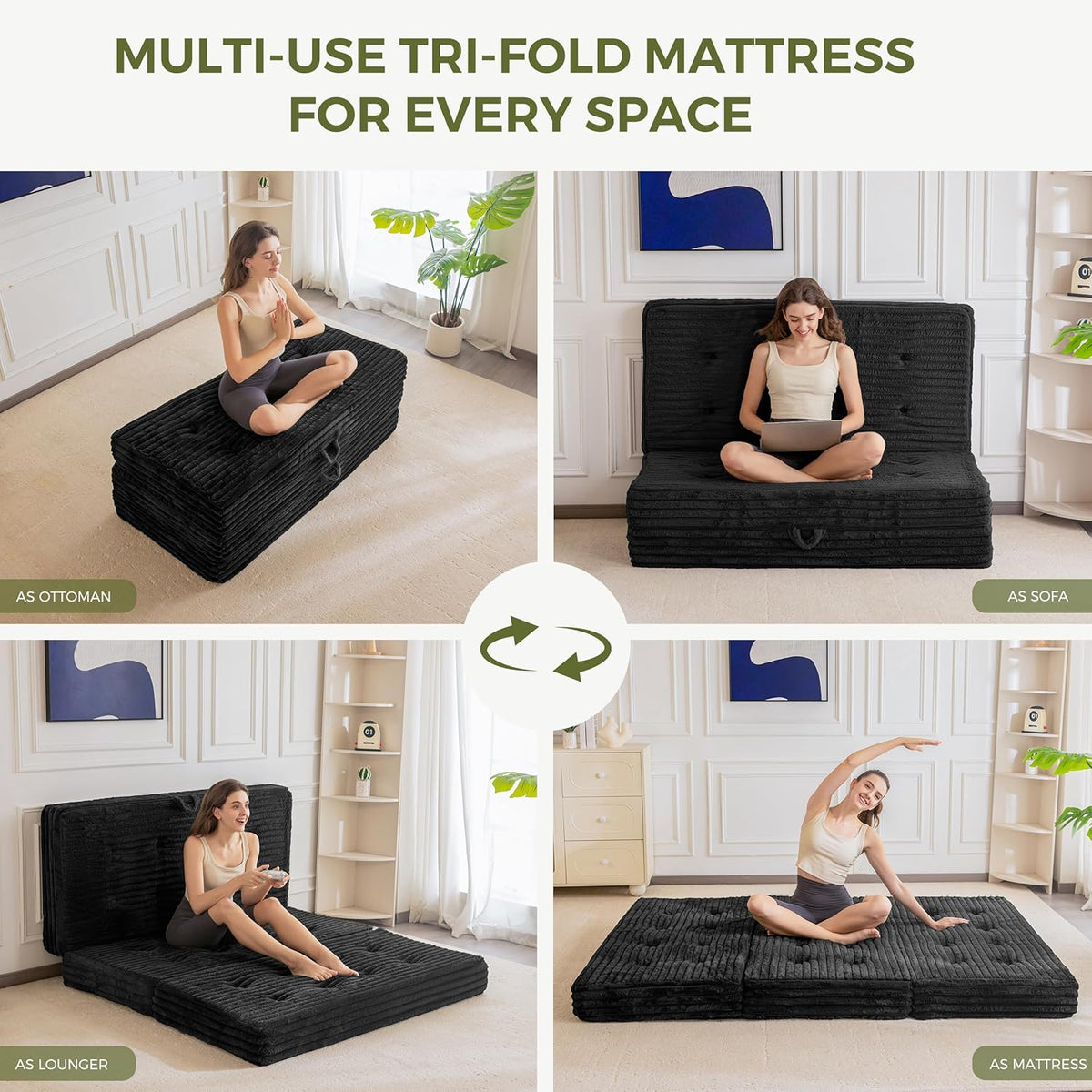 MAXYOYO Opvouwbaar matras 200 * 150 cm, 15 cm gestoffeerd opvouwbaar matras met premium imitatiebont, drievoudig opvouwbare futon slaapbank voor woonkamer/logeerkamer
