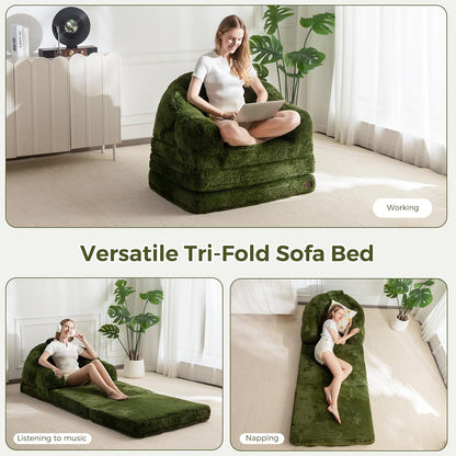MAXYOYO Folding Sofa Bed, Comfortable Faux Fur Fabric, Convertible Floor Sofa with Handle, Single Bean Bag for Adults, Sleeping Chair for Living Room Bedroom