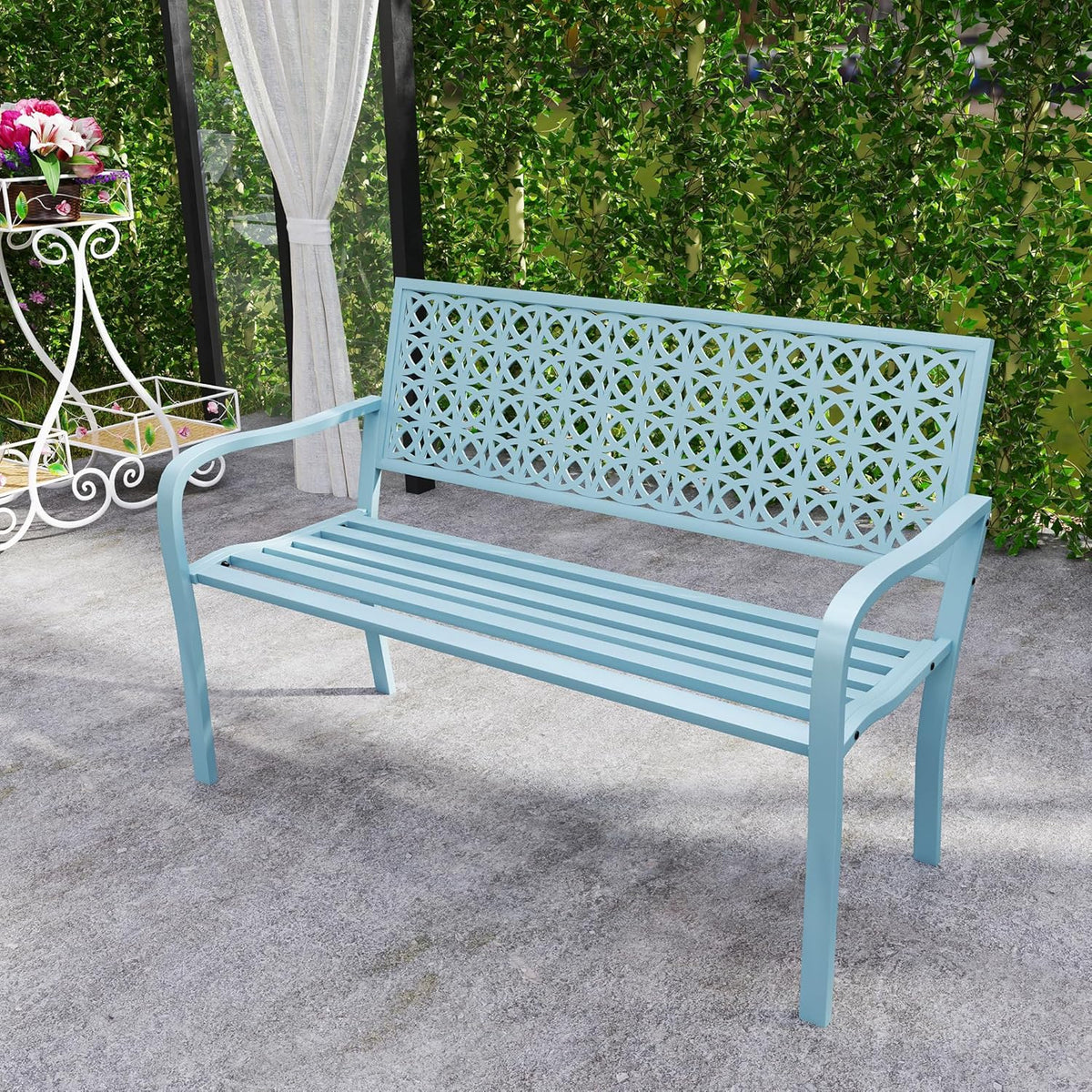 Outsunny 2-Sitzer Gartenbank, wetterfest Sitzbank, Gartenmöbel mit Rücken- & Armlehnen, Park bench 240 kg load bar, Balcony Bench for Balcony Terrasse, Garten, 127 x 63 x 85 cm, Blau - QUORE