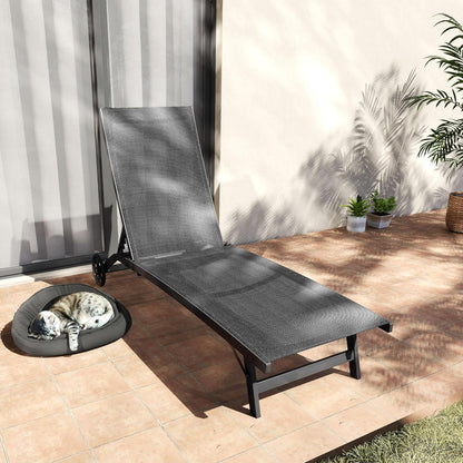 Outsunny Sonnenliege mit Rolle, Gartenliege Alu Liegestuhl mit 5-Fach verstellbare Rückenlehne, wetterfeste Campingliege, Gartenstuhl bis 150 kg load bar, für Garten Urlaub Strand Pool, Schwarz - QUORE
