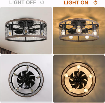 Ohniyou 20'' Flush Mount Caged Ceiling Fan with Lights Remote Control, Farmhouse Rustic Low Profile Small Vintage Enclosed Ceiling Fan Lighting Fixture Bedroom Dining Room