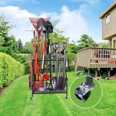 Tuingereedschap Opbergen - Gereedschapsorganizer - Tuingereedschapsrek - met Haken - Wielen - 3-tier Metalen Utility Planken - Opslag Houder - voor Gazon - Schuur - Garage - Tuin - 71 x 26.5 x 71.5 cm - Zwart