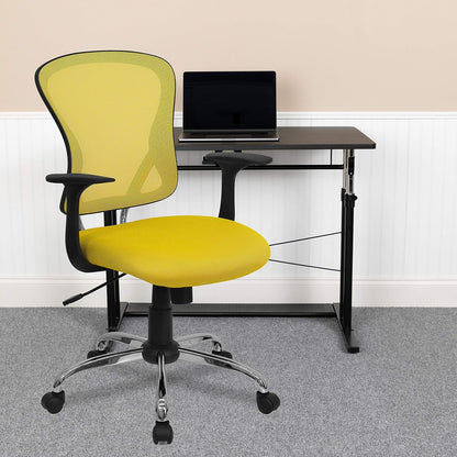 Bureaustoel – Bureaustoel Ergonomisch – Werkstoel – Computerstoel – Kantoorstoel – Gemiddelde Rugleuning – Ademend Netstof – Verchroomde Voet – Zwart Met Gele Rugleuning