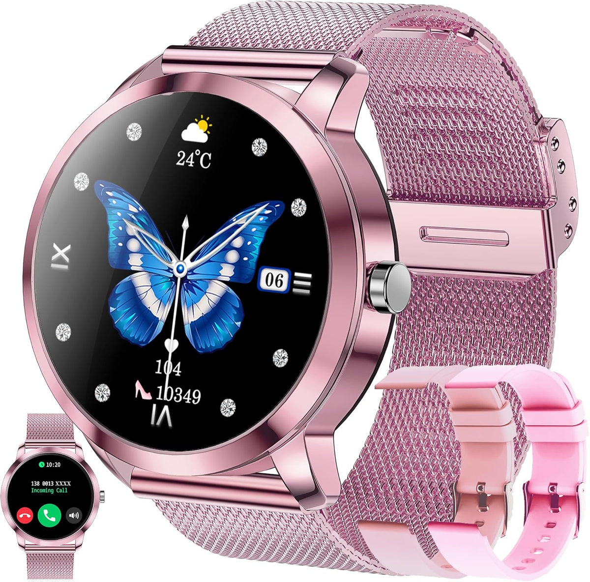 Smartwatch voor Damen met Bluetooth Bellen, 3 Armbanden, 1,09" Slimme Horloge, IP68 Waterdicht Sporthorloges, Hartslagmeter, SpO2, Slaapmonitor, Fitnesstrackerhorloge voor Android/iOS (Roze)