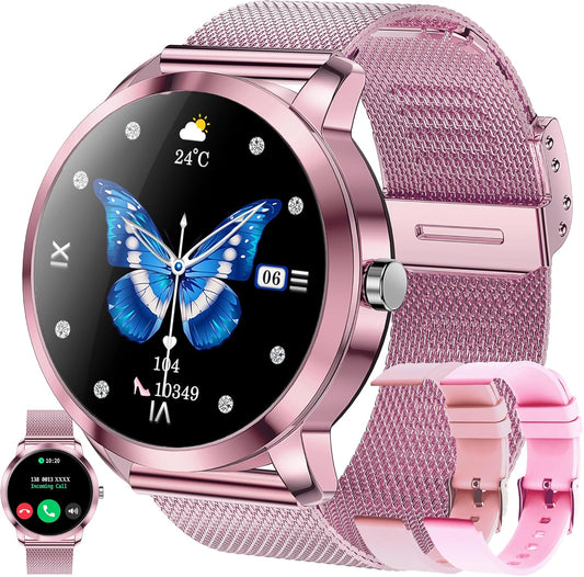 Smartwatch voor Damen met Bluetooth Bellen, 3 Armbanden, 1,09" Slimme Horloge, IP68 Waterdicht Sporthorloges, Hartslagmeter, SpO2, Slaapmonitor, Fitnesstrackerhorloge voor Android/iOS (Roze)
