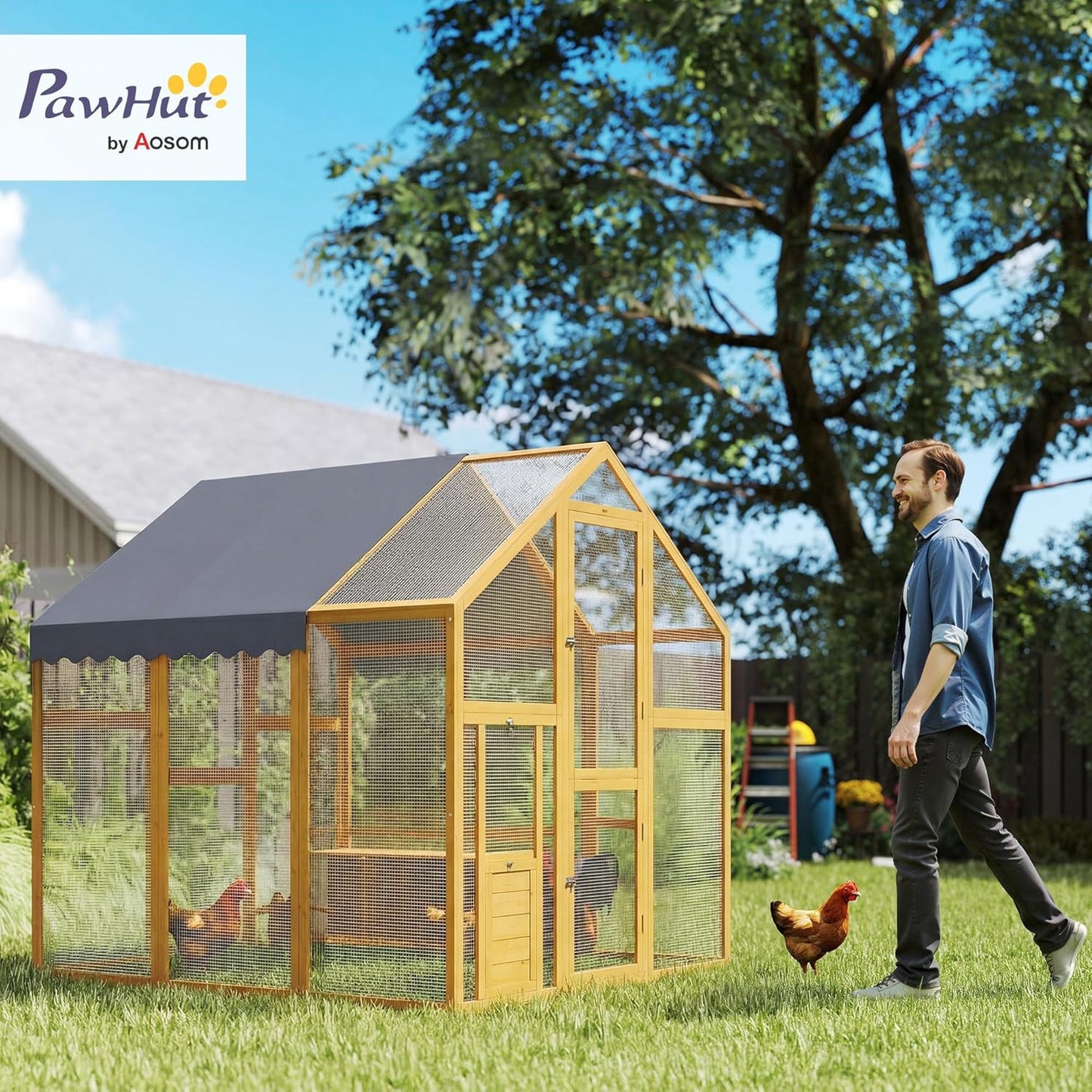 PawHut Chicken Coop 3.07㎡ 1.7 x 1.8 x 1.8m Outdoor Enclosure Wood with Waterproof Cover, Security Lock, Double Door, 2 Laying Nests, 2 Perches, Suitable for 6-8 Chickens, Ducks, Geese, Rabbits - QUORE