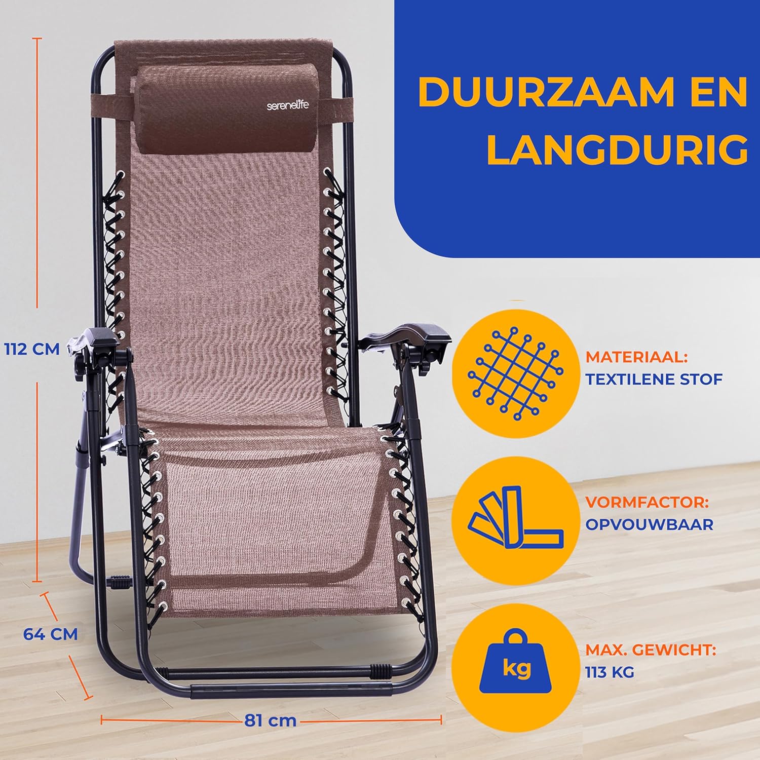 Serenelife Sun Lounger, Set of 2 Sun Loungers - Adjustable Garden Loungers with Side Table, 2 Cup Holders and Removable Cushions - Foldable and Portable Lounge Chairs for Terrace, Garden, Beach - Brown - QUORE