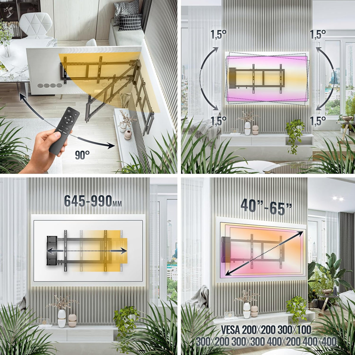 RICOO TV muurbeugel elektrisch zwenkbaar voor 32-65 inch, universele tv-houder SE2544, televisiehouder voor muur, wandhouder televisie 55 inch, tot 45 kg met max. VESA 400 x 400 mm